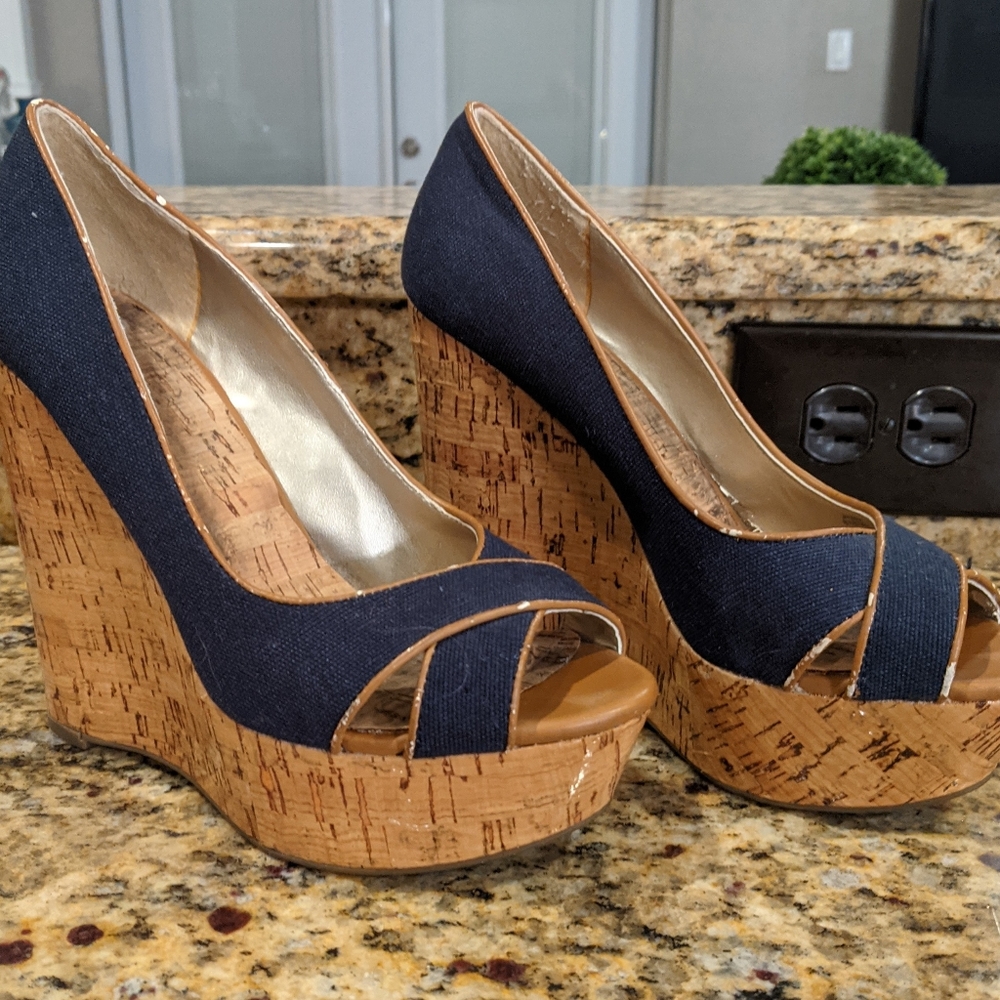 Jessica Simpson navy and cork wedges